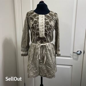 3J Women's S Beige Floral Long Sleeve Henley Dress with Tie Waist (sku320)